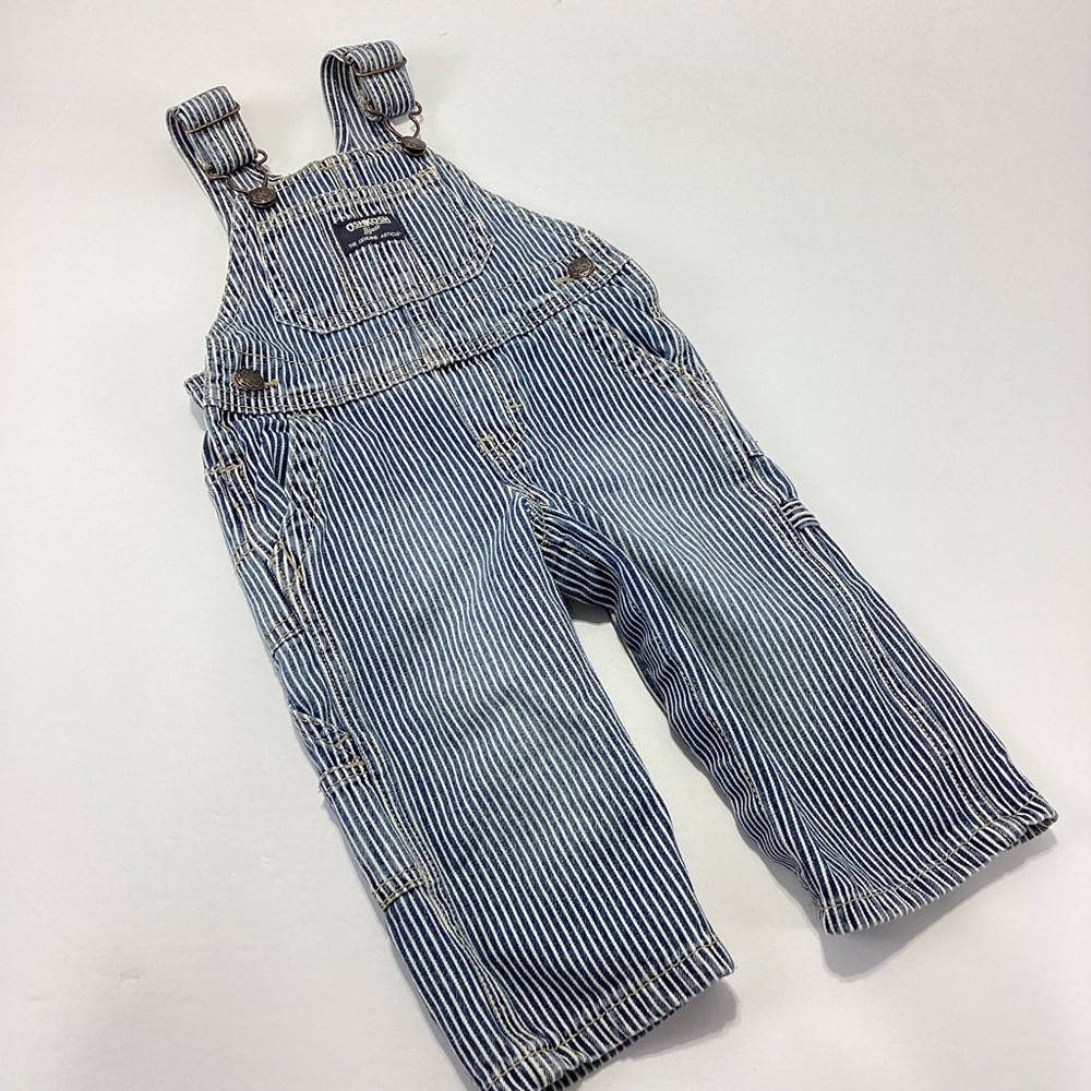 OshKosh B’Gosh Overalls Striped Blue Kids Train Conducter Overalls 12 Months